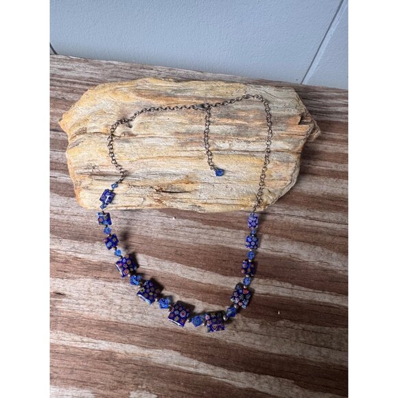 Handcrafted Millefiori Glass Necklace With Adjustable Chain & Floral Blue Beads - Picture 4 of 6